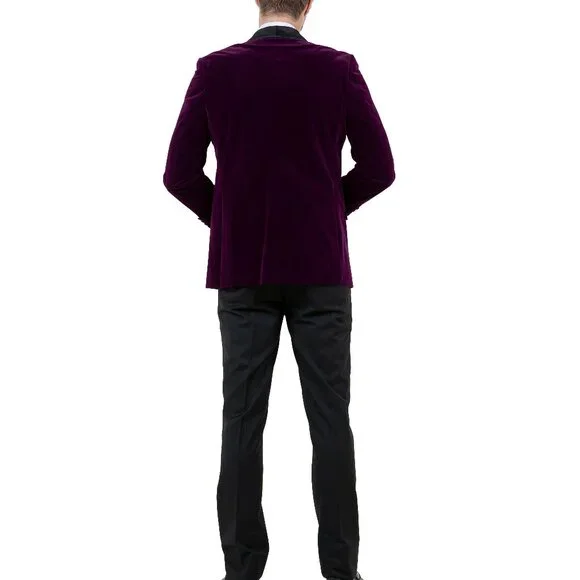 Purple Velvet Satin Shawl Collar Slim Fit Men's Jacket